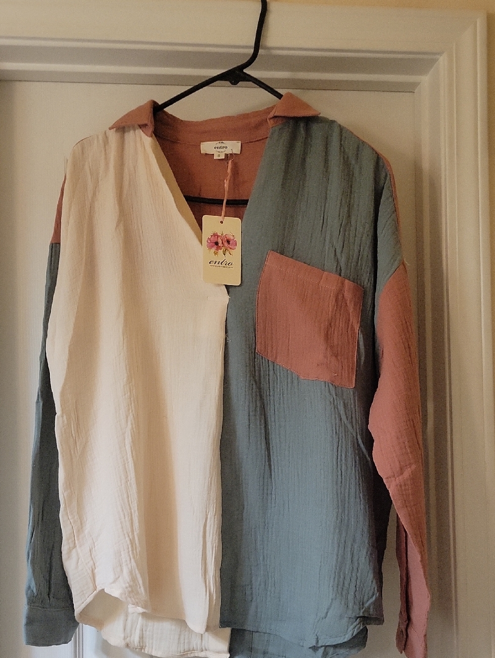 entro Colorblock Lightweight Shirt Jacket - Cream, Teal & Dusty Rose